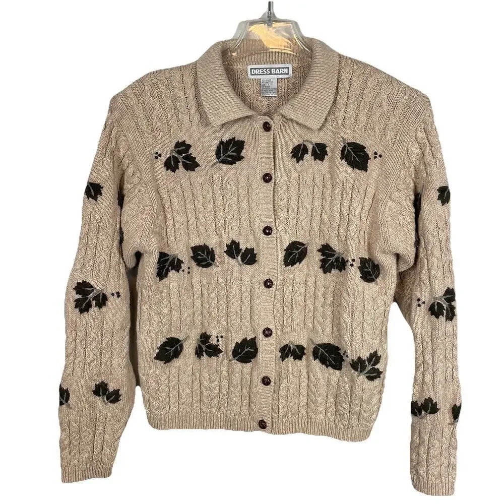 Vtg Cable Knit Cardigan Sweater Size L Beige Embroidered Fall Leaves Cottagecore